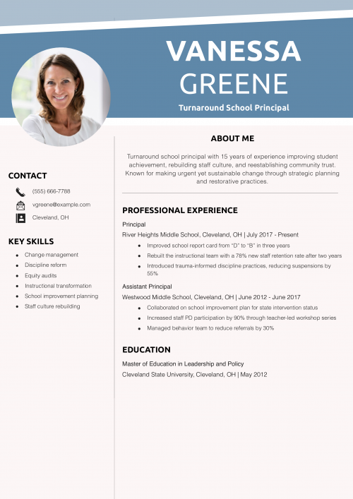 Turnaround School Principal Resume Example