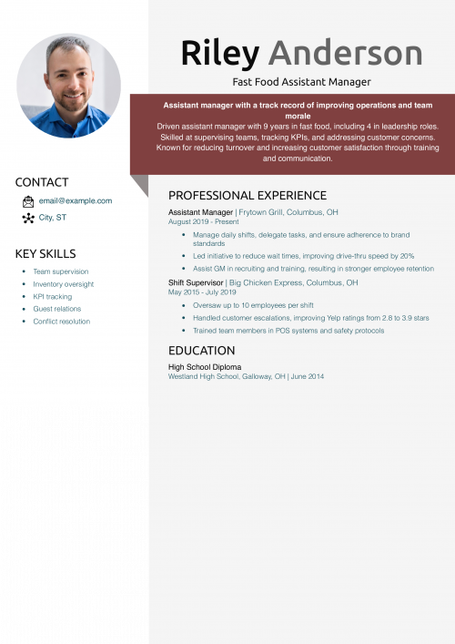 Fast Food Assistant Manager Resume