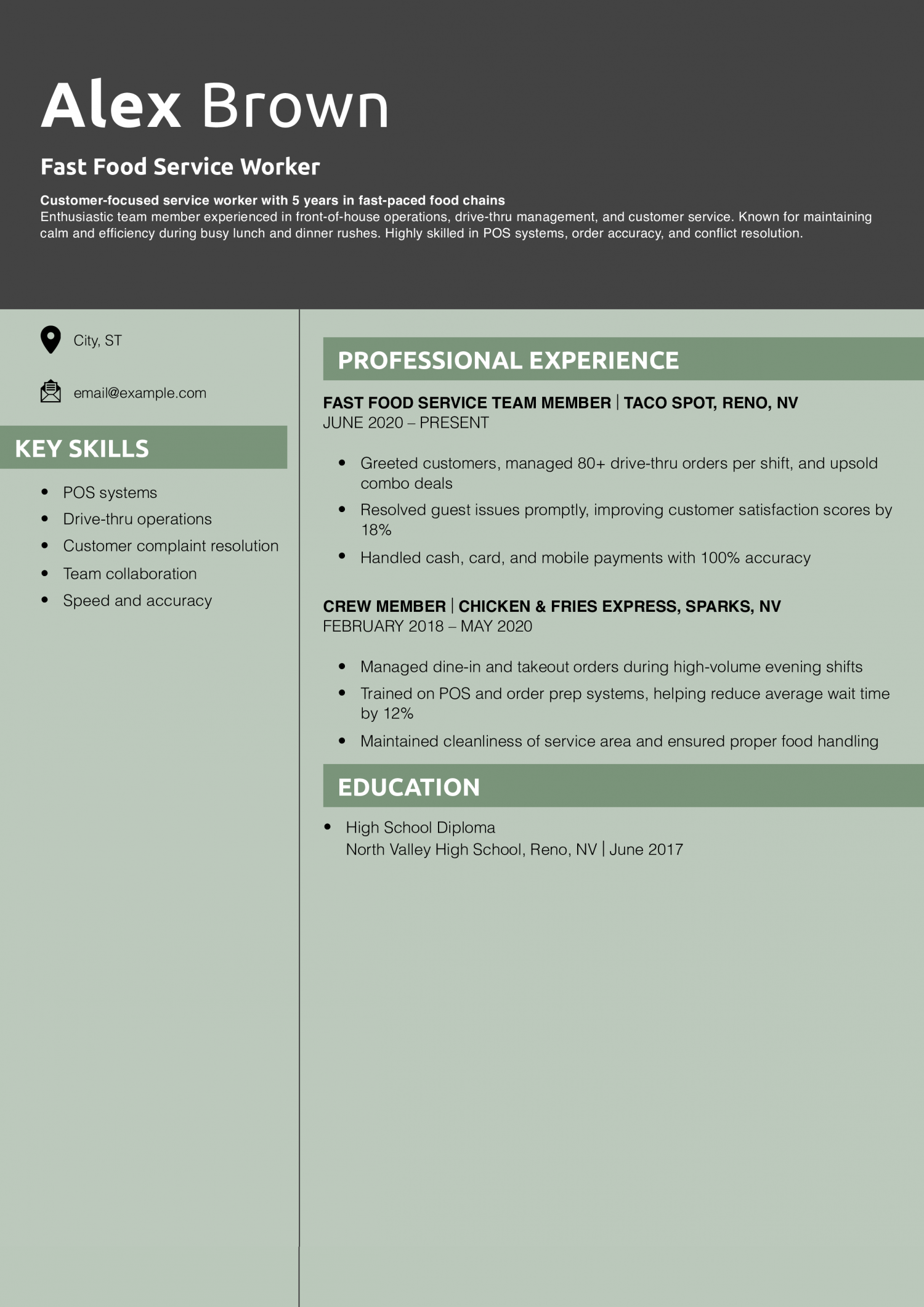 Fast Food Service Worker Resume