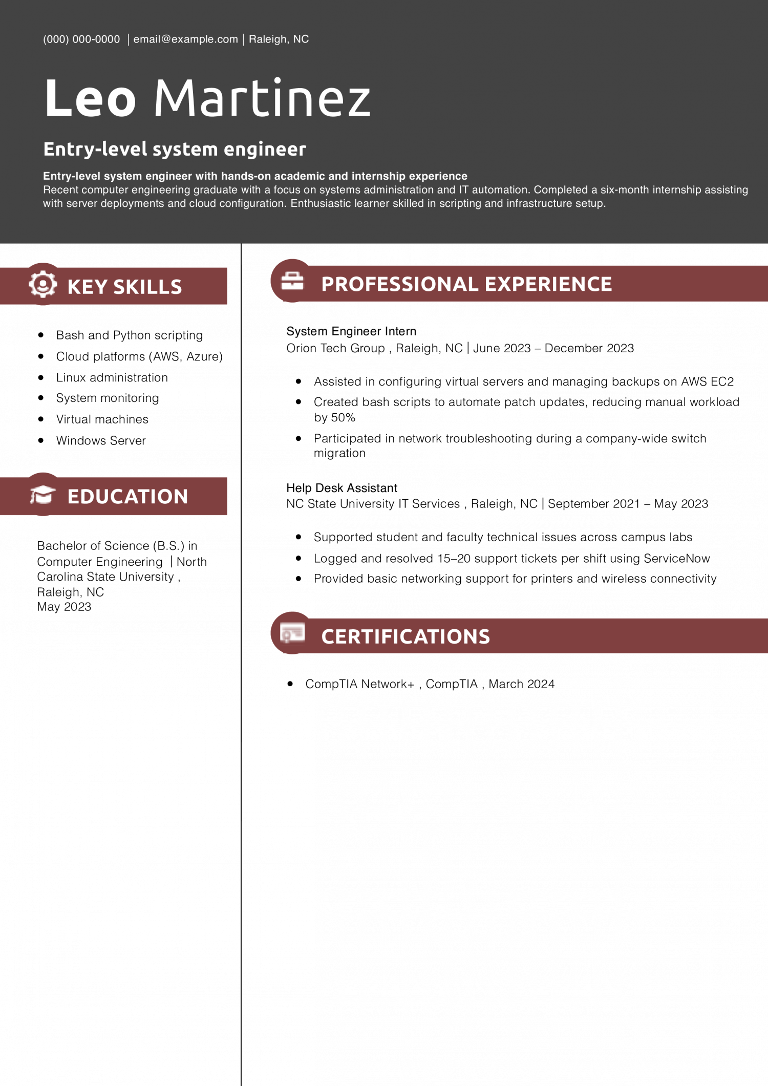 Entry-level system engineer resume