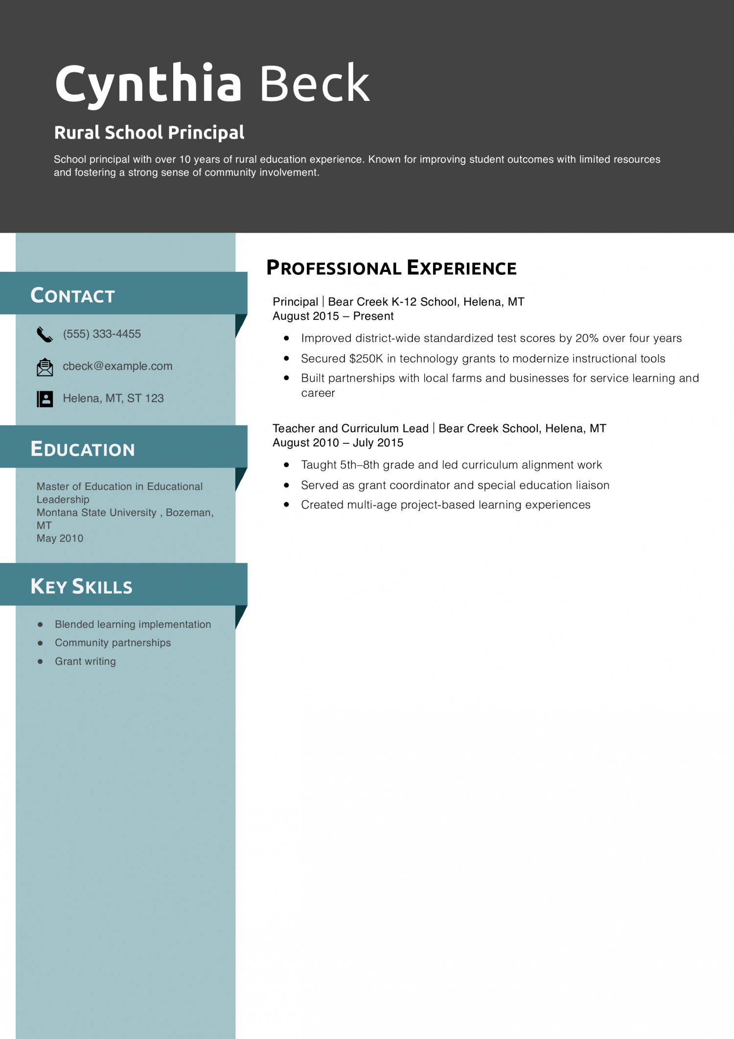 Rural School Principal Resume Example