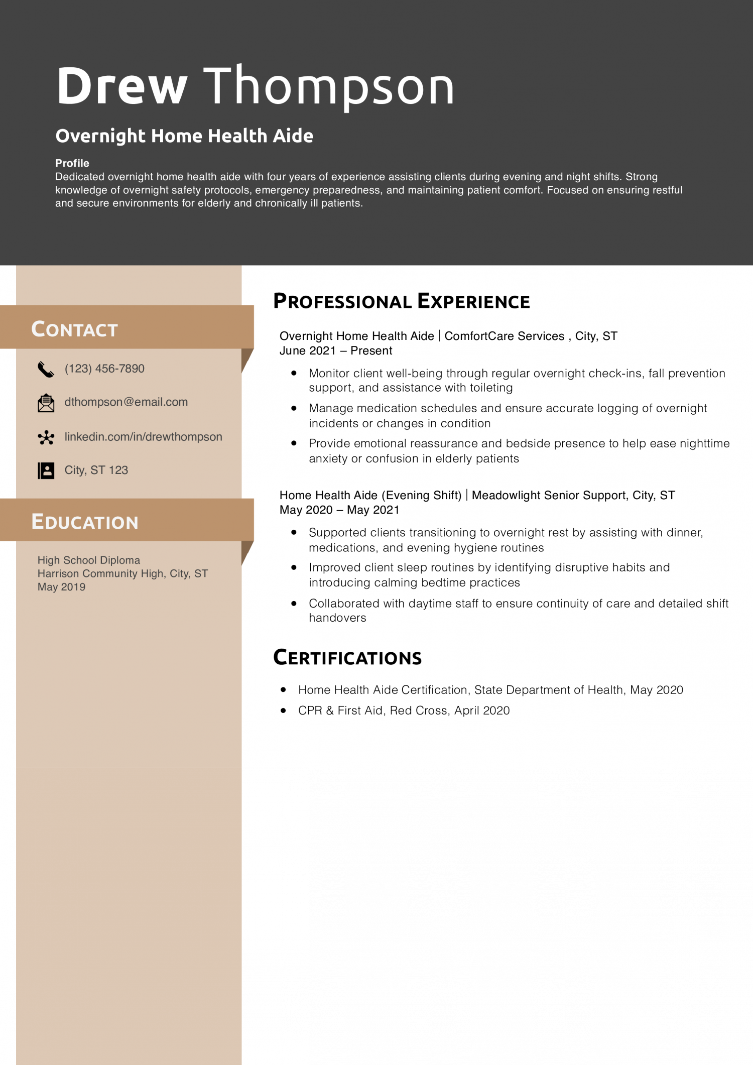 Overnight Home Health Aide Resume Example