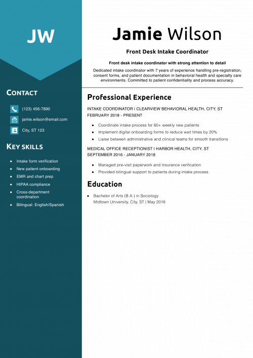 Front Desk Intake Coordinator Resume Example