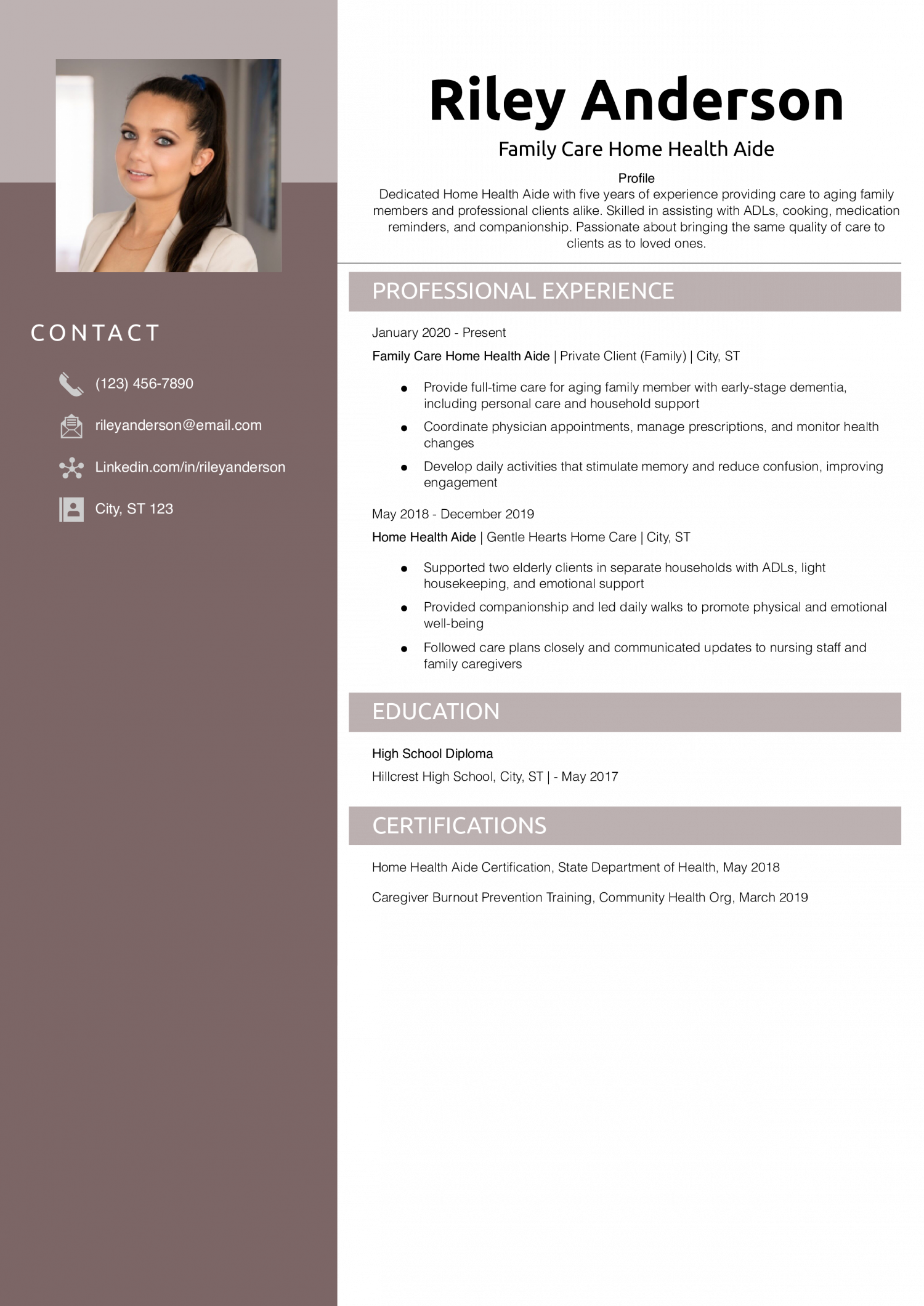 Family Care Home Health Aide  Resume Example