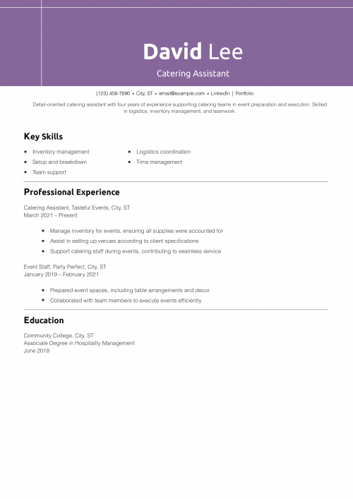Catering Assistant Resume Example