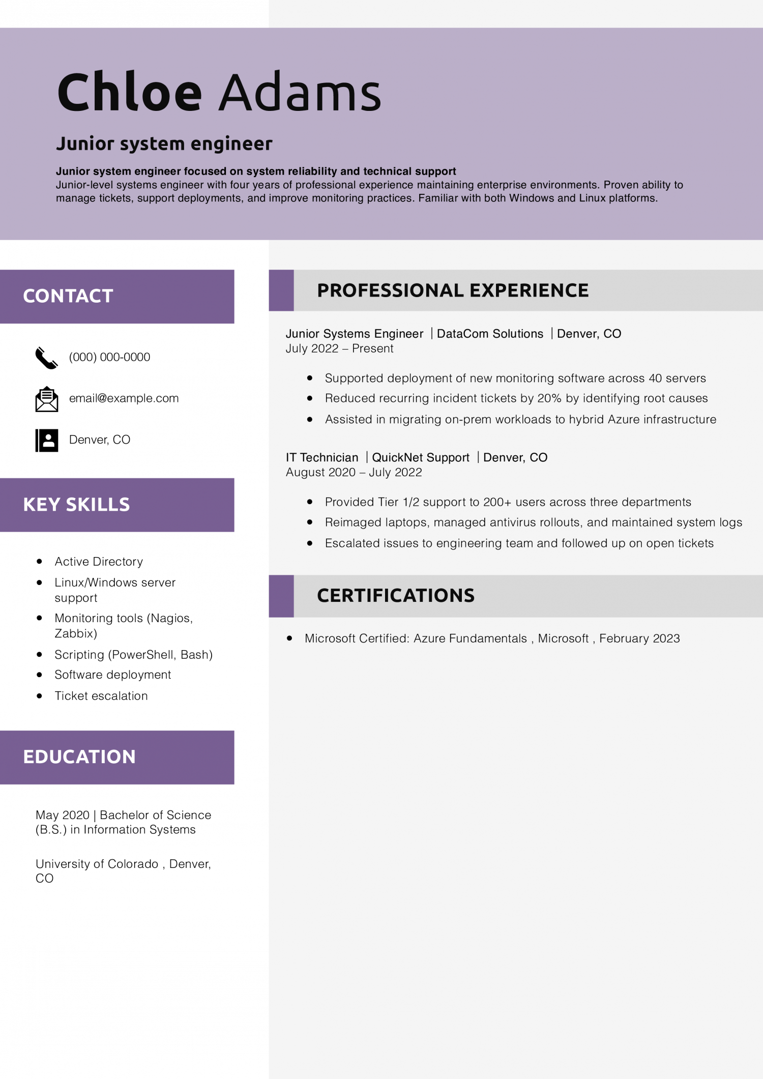 Junior system engineer resume 