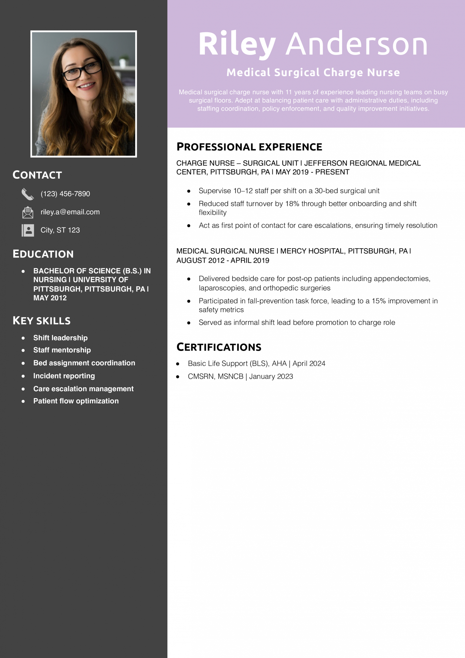 Medical Surgical Charge Nurse Resume Example