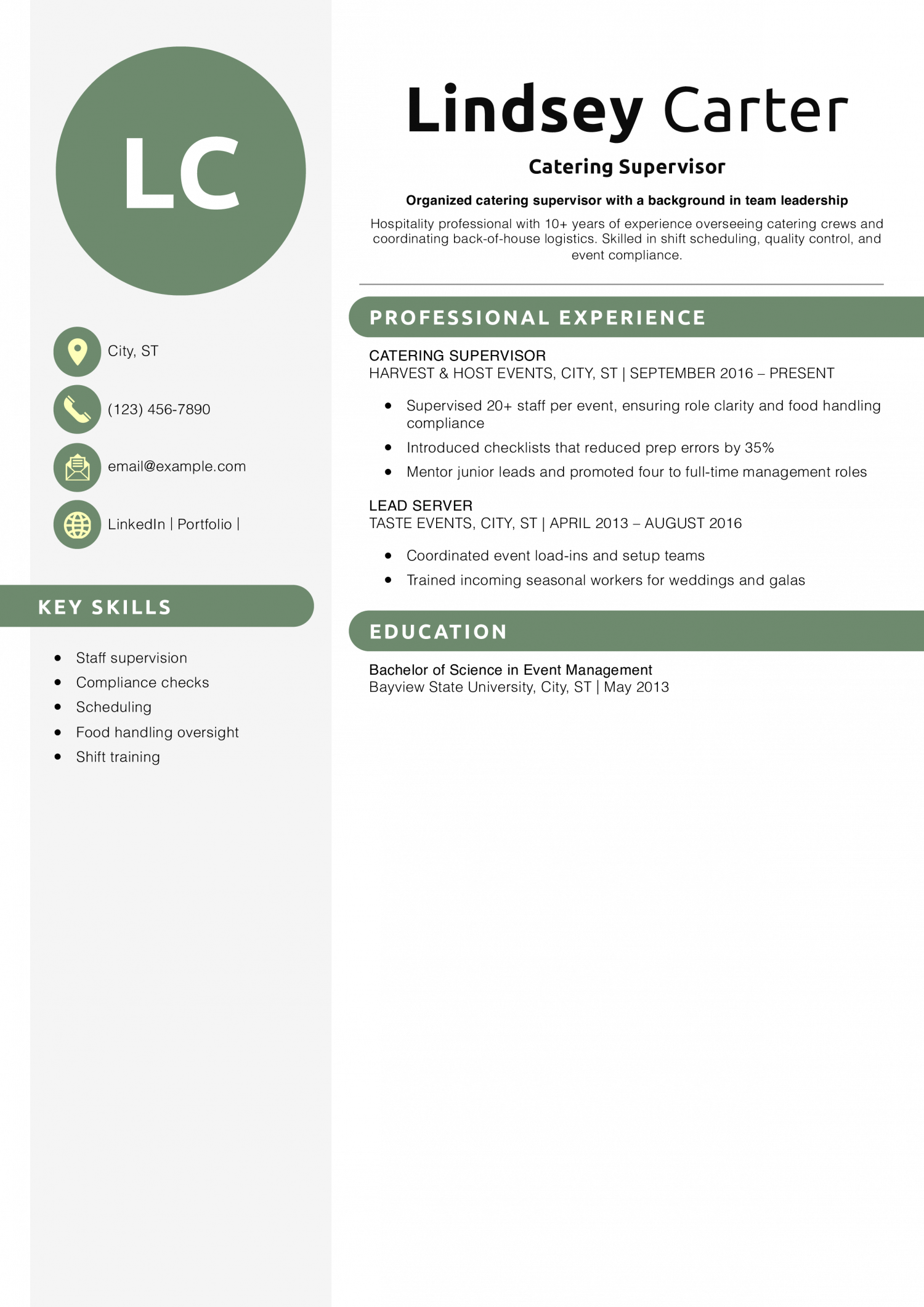 Catering Supervisor Resume Example