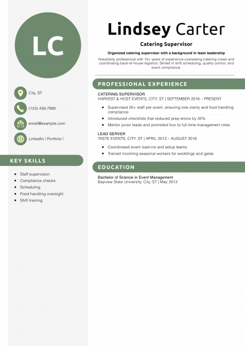 Catering Supervisor Resume Example