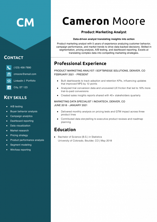 Product Marketing Analyst Resume Example