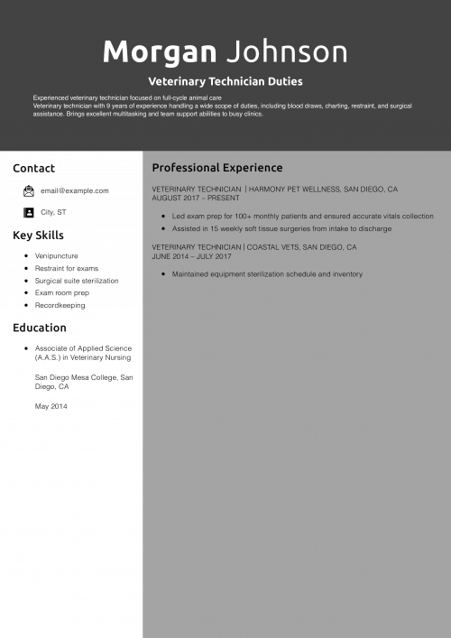 Veterinary Technician Duties Resume