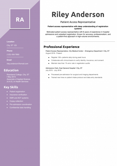 Patient Access Representative Resume Example