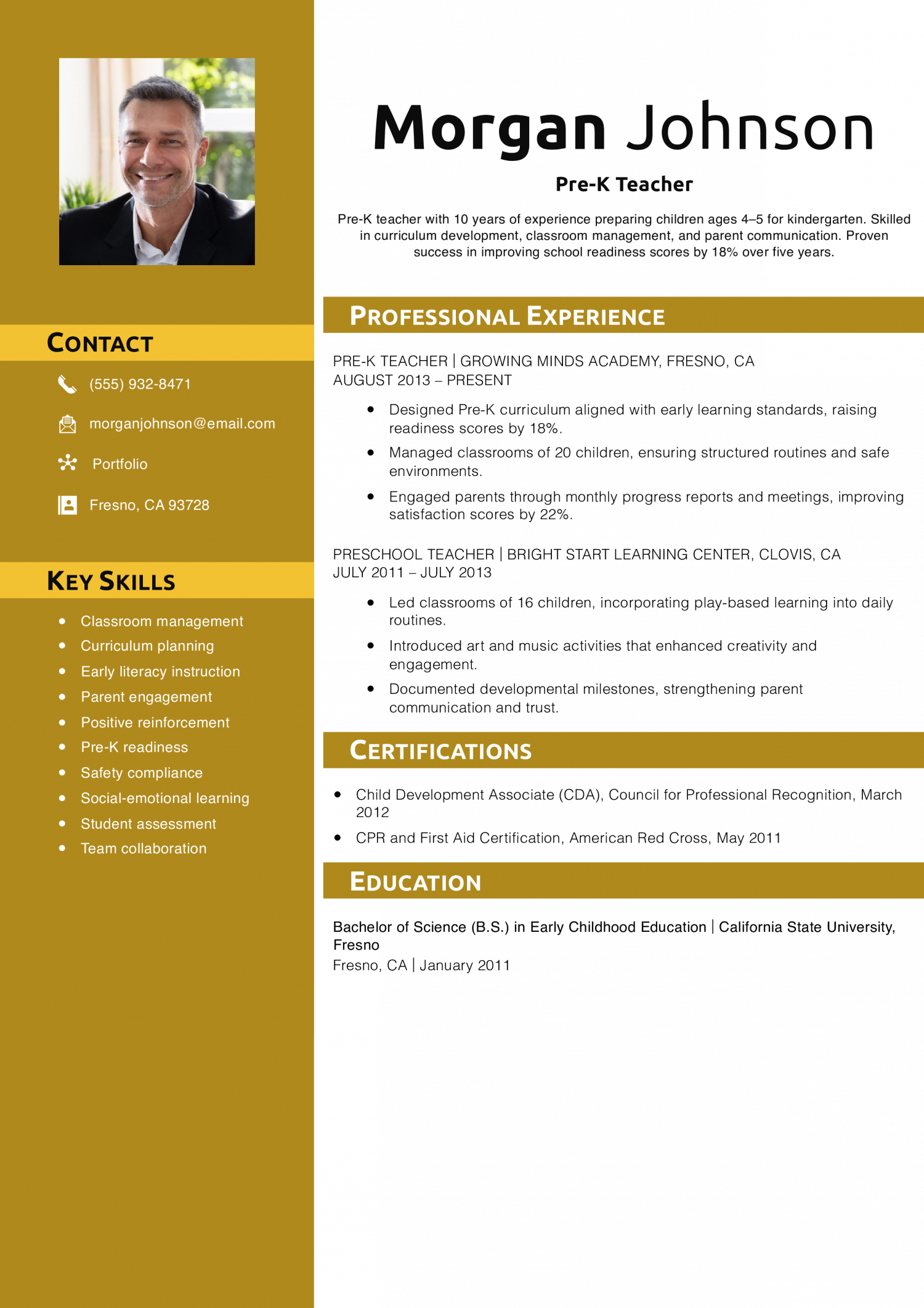 Pre-K Teacher Resume