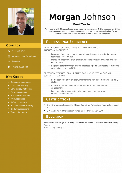 Pre-K Teacher Resume