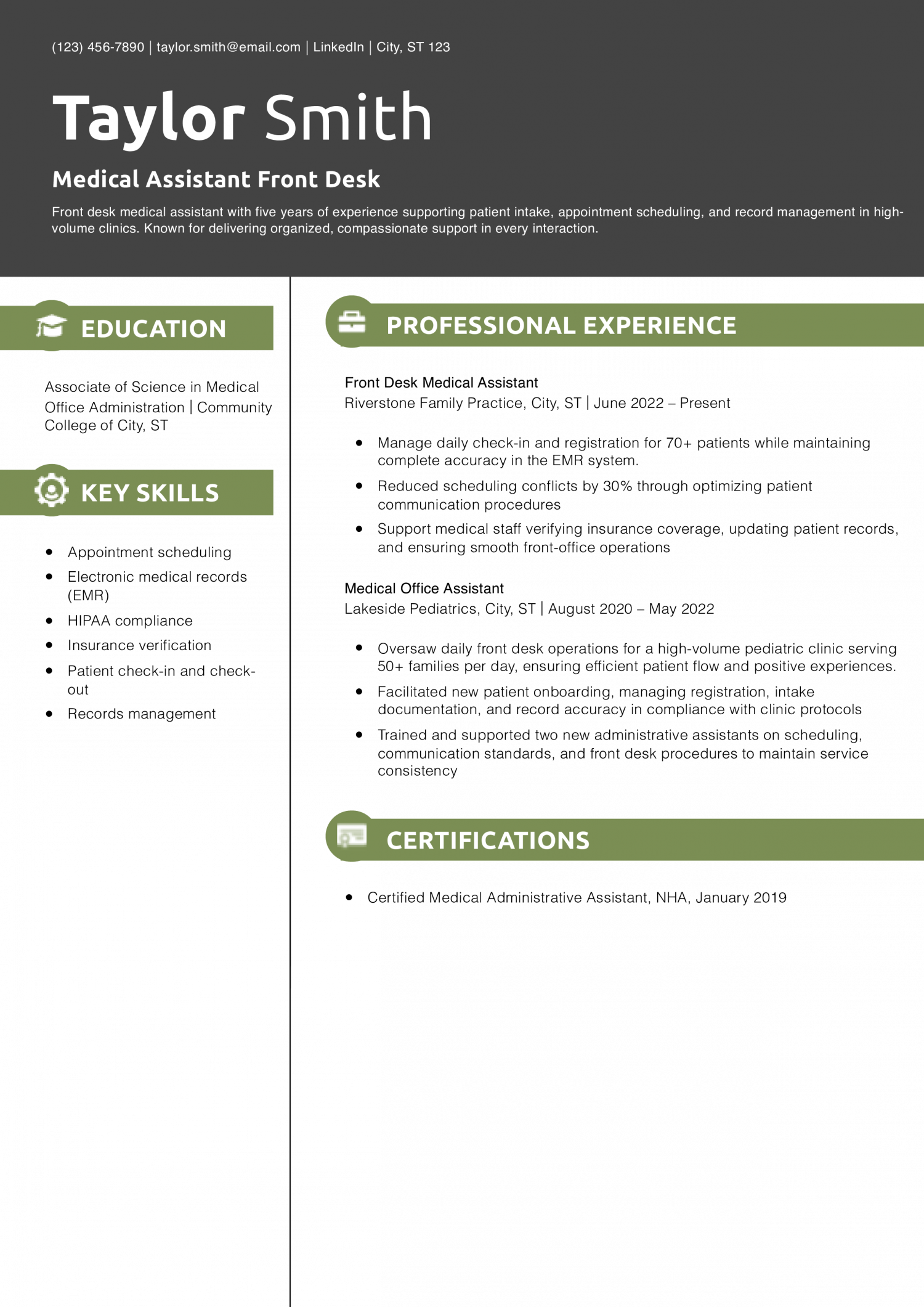 Medical Assistant Front Desk Resume Example