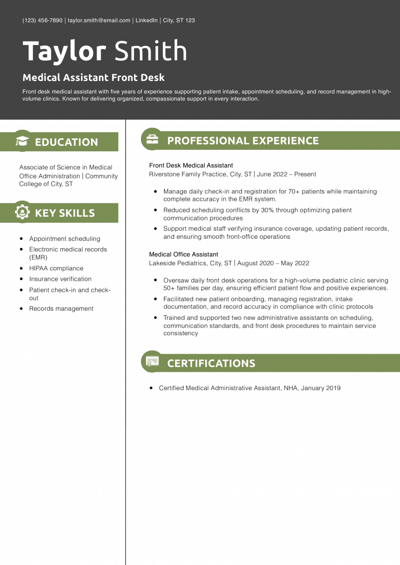 Medical Assistant Front Desk Resume Example