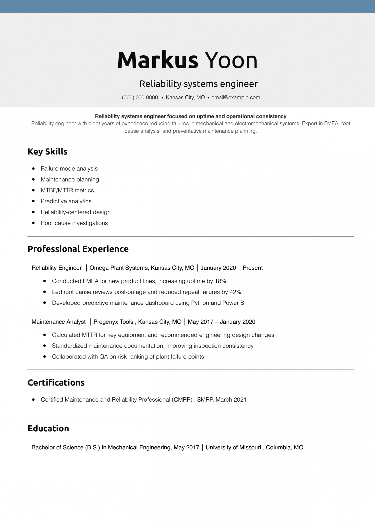 Reliability systems engineer resume 