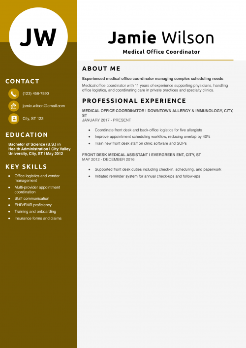 Medical Office Coordinator Resume Example