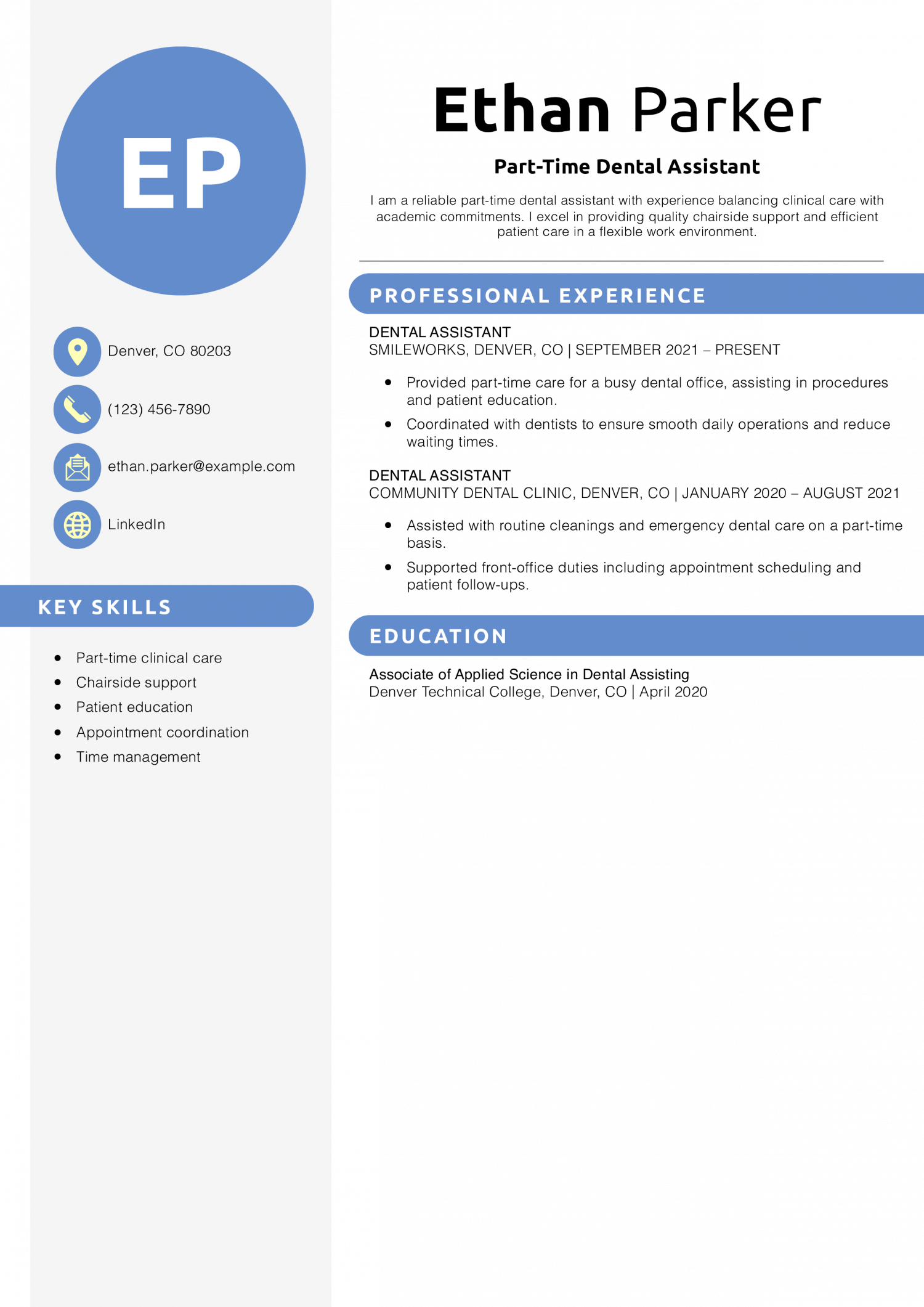 Part-Time Dental Assistant Resume Example