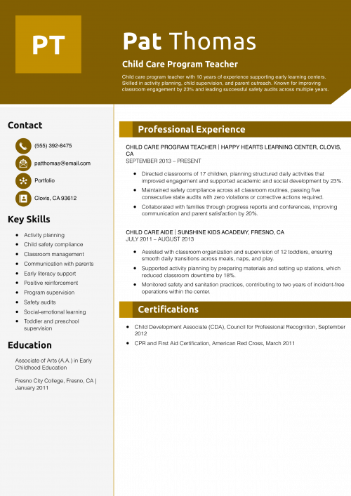 Child Care Program Teacher Resume