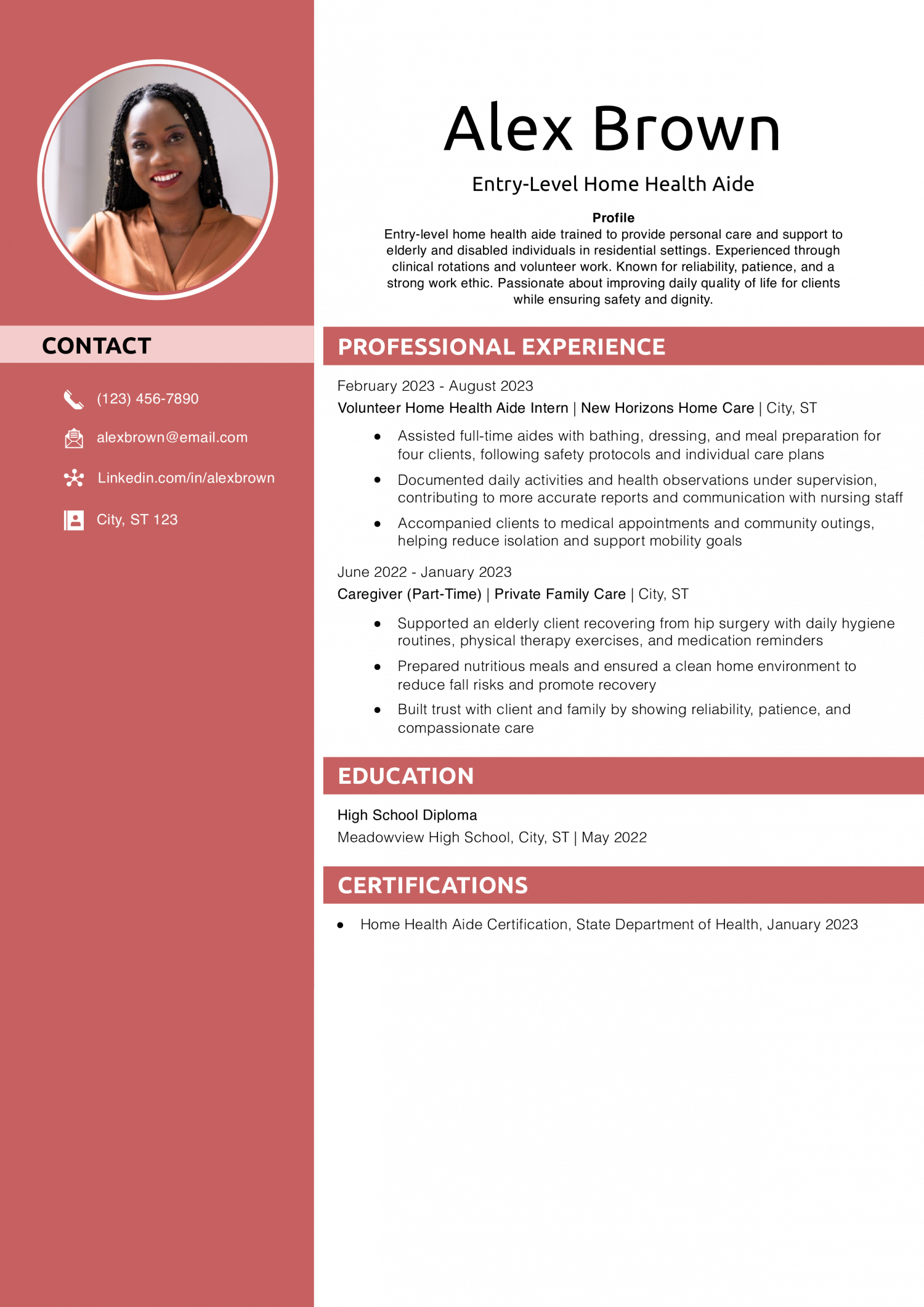 Entry-Level Home Health Aide Resume Example