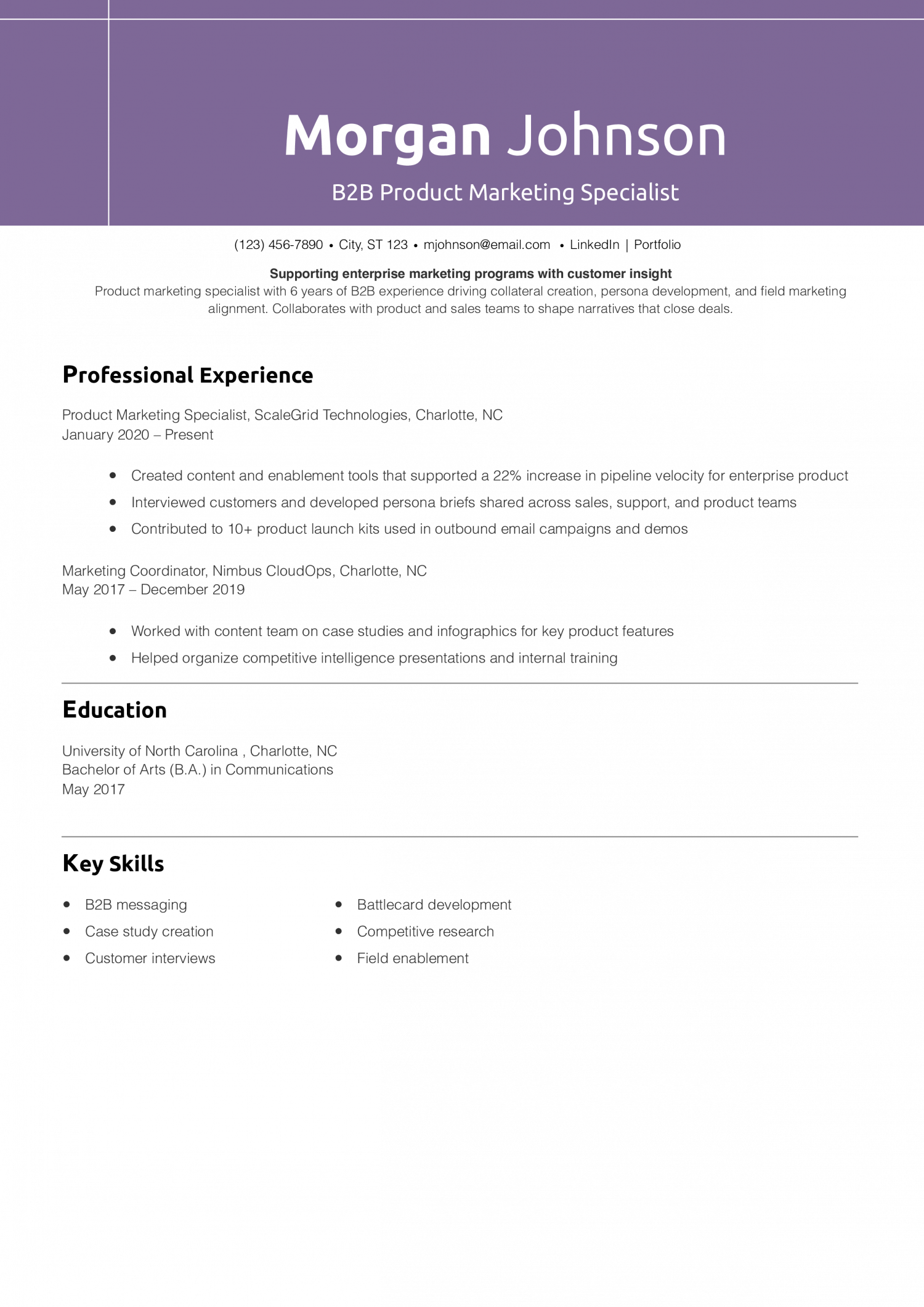 B2B Product Marketing Specialist Resume Example