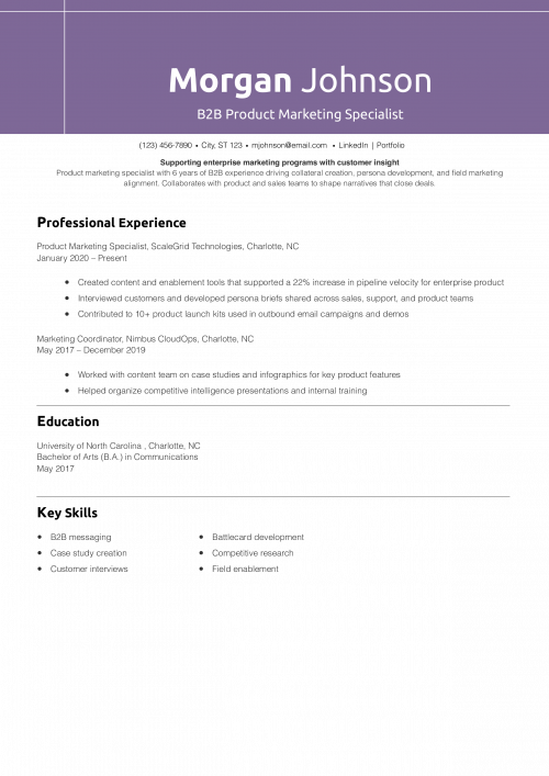 B2B Product Marketing Specialist Resume Example