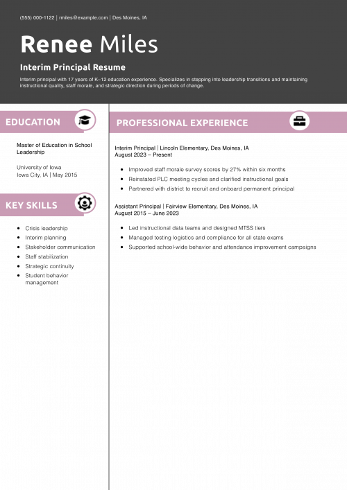 Interim Principal Resume Example