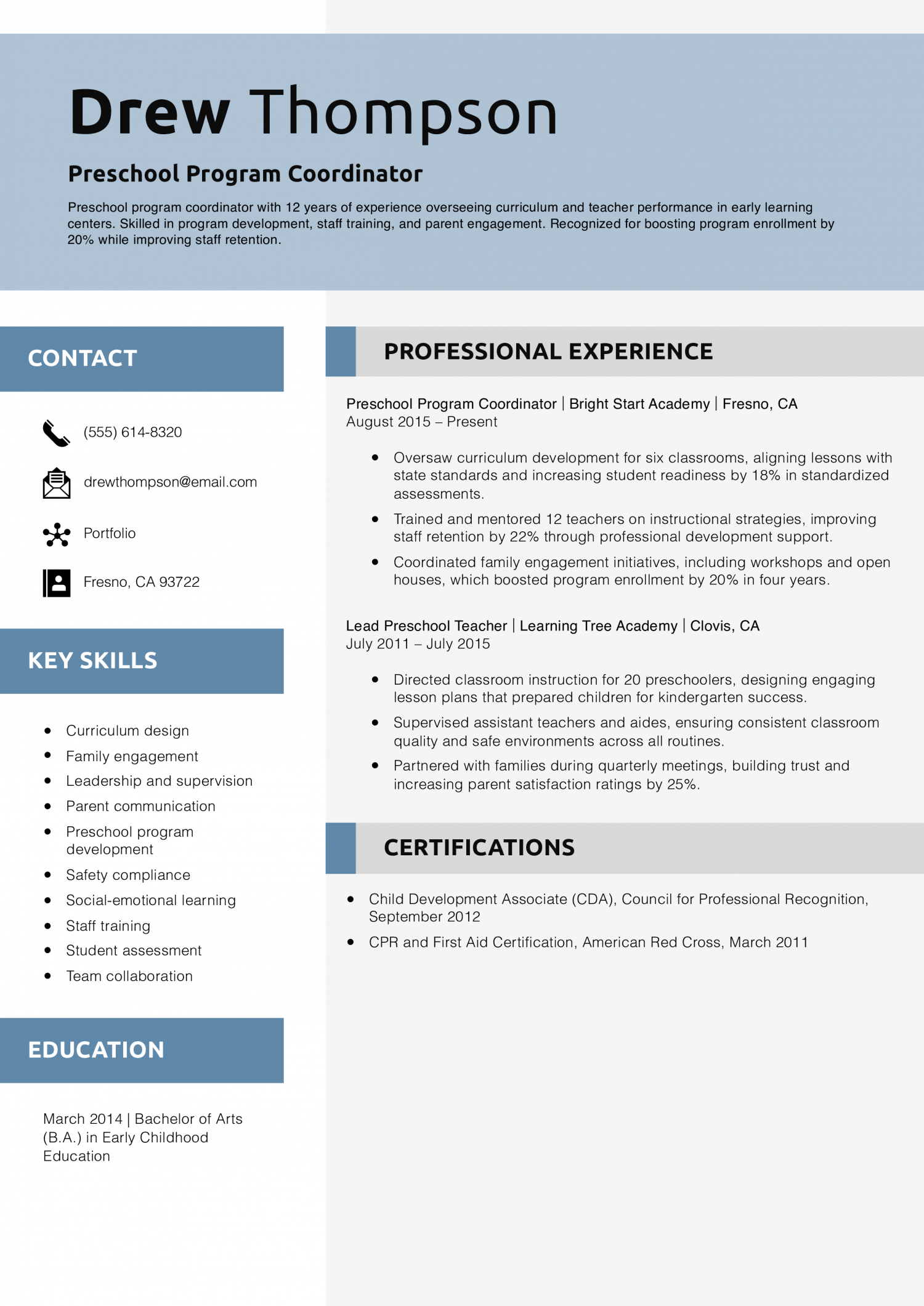 Preschool Program Coordinator Resume