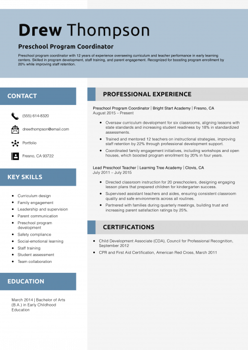 Preschool Program Coordinator Resume