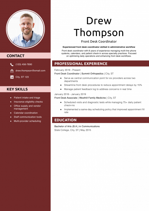 Front Desk Coordinator Resume Example