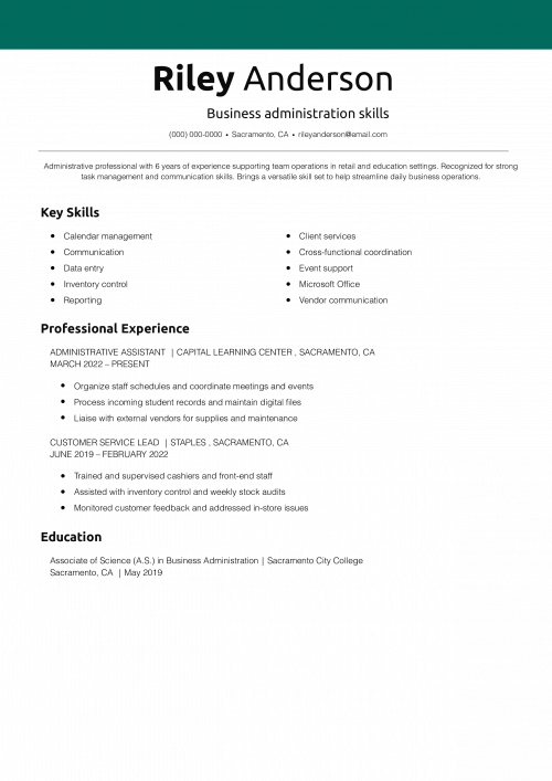 Business administration skills resume 