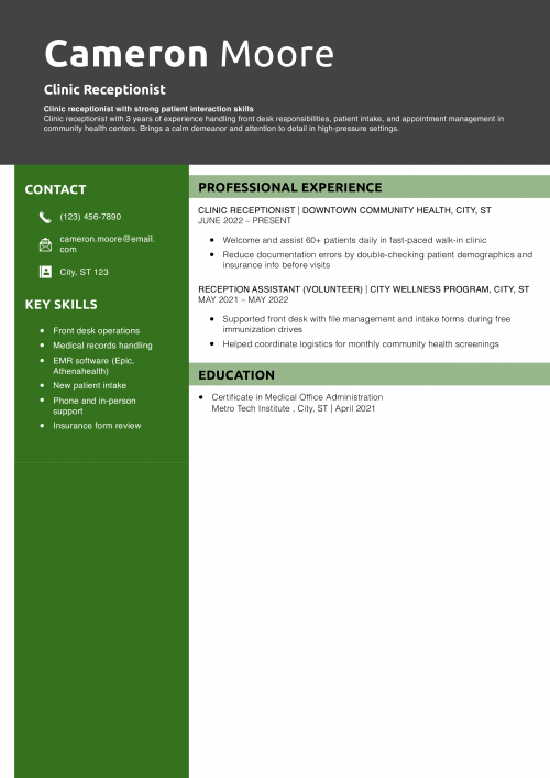 Clinic Receptionist Resume Example