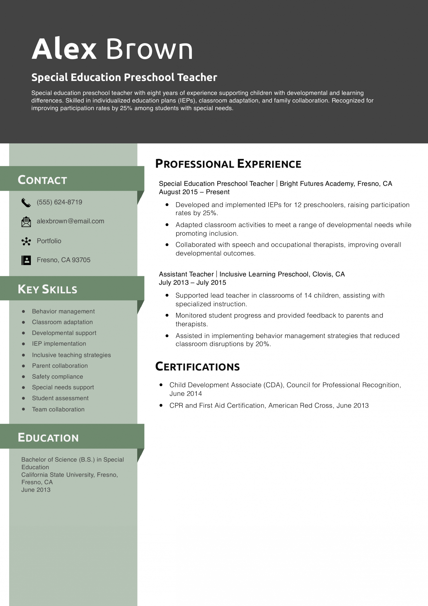Special Education Preschool Teacher Resume