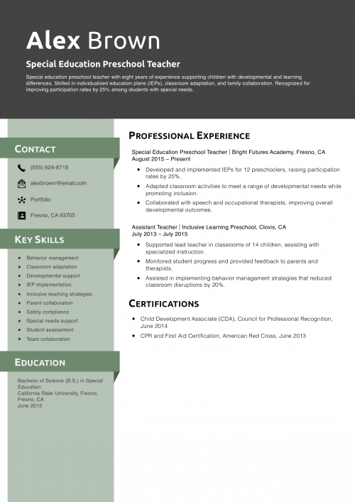Special Education Preschool Teacher Resume