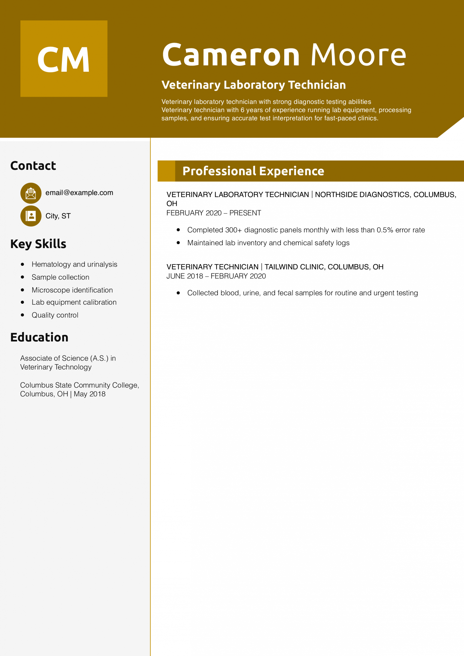 Veterinary Laboratory Technician Resume