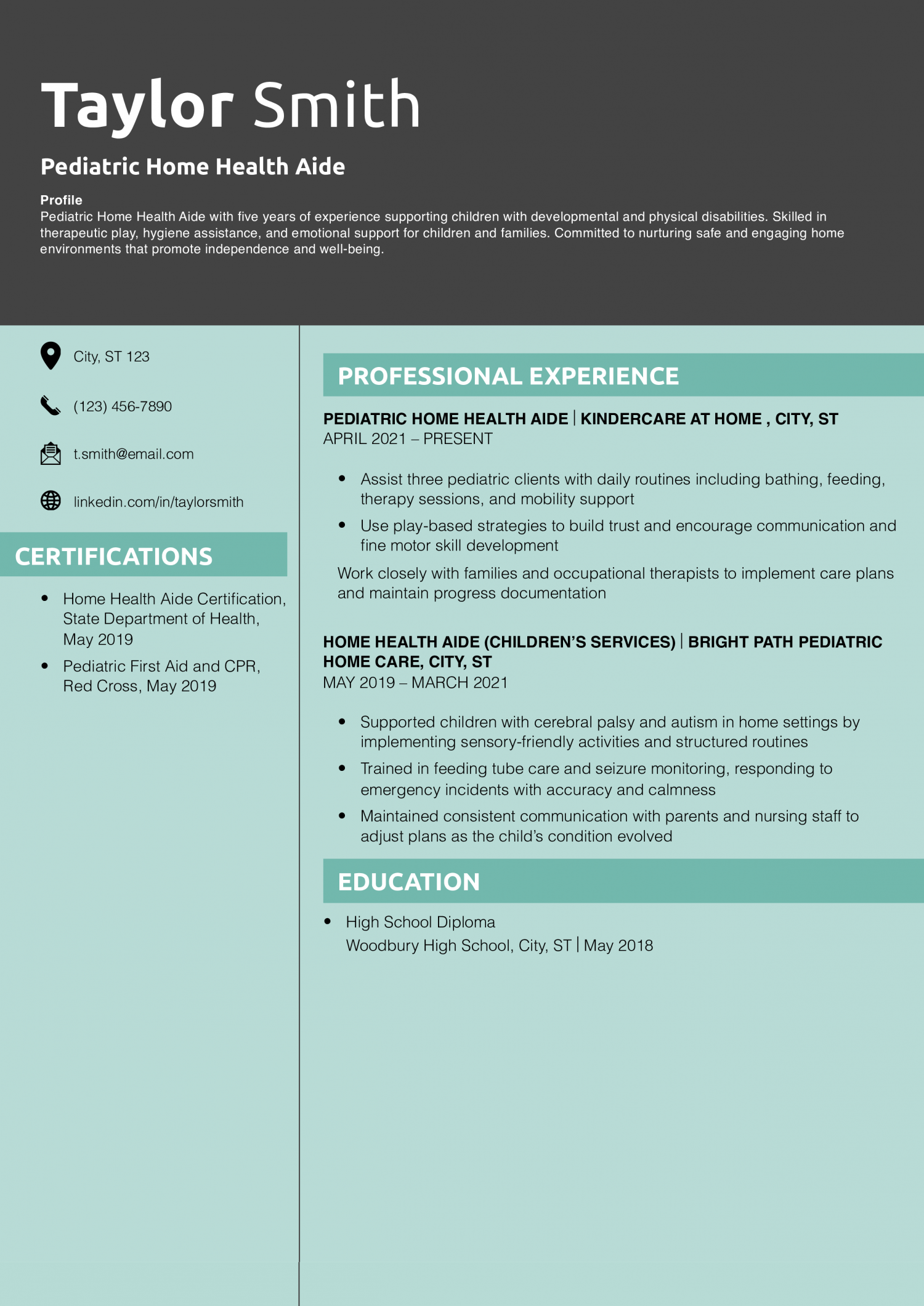 Pediatric Home Health Aide  Resume Example