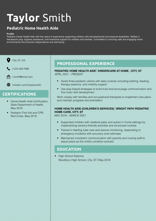 Pediatric Home Health Aide  Resume Example