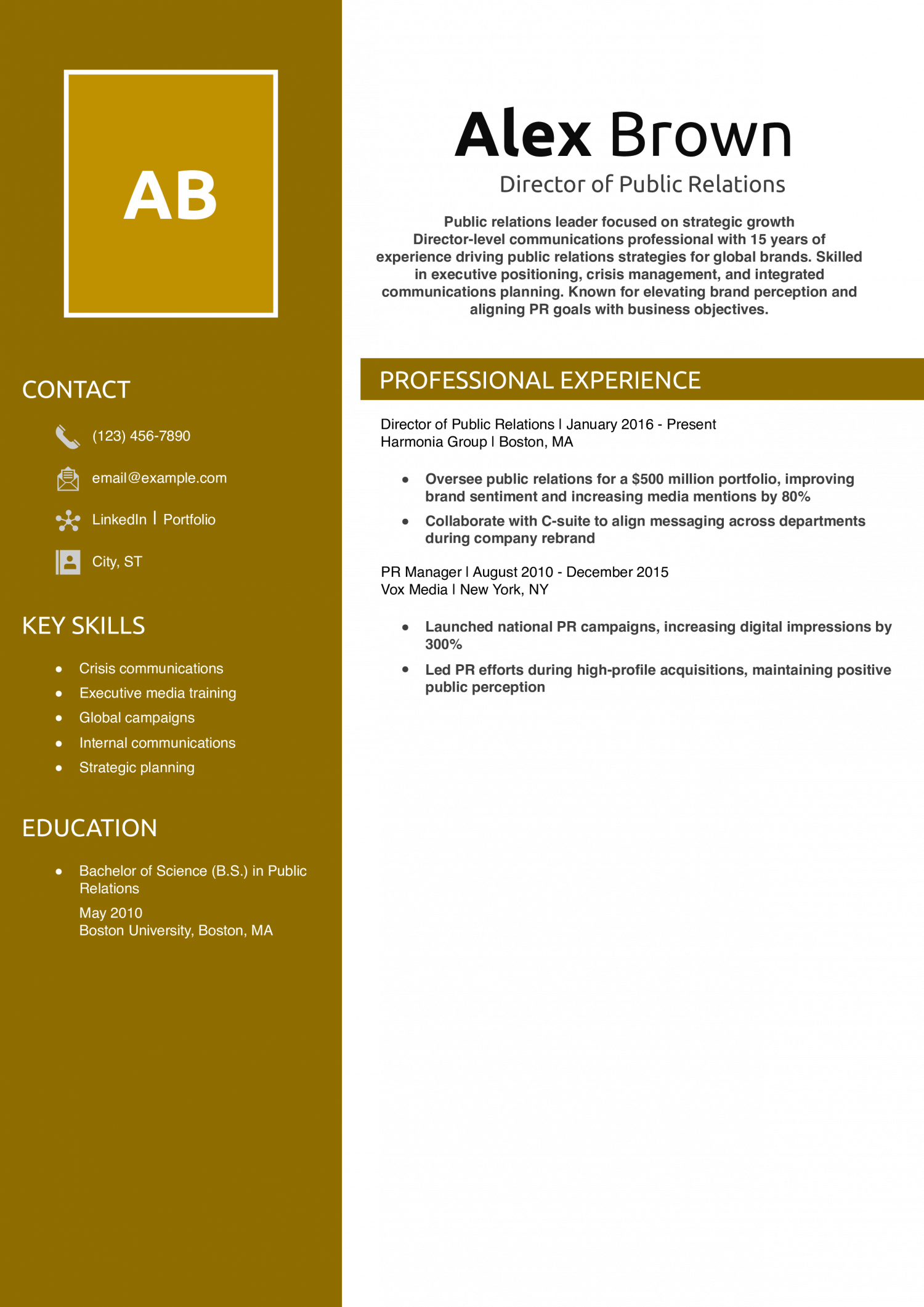 Director of Public Relations Resume